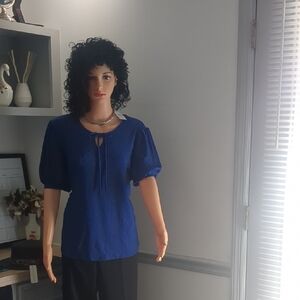 NY Collection Blue Fitted Short Sleeve Blouse